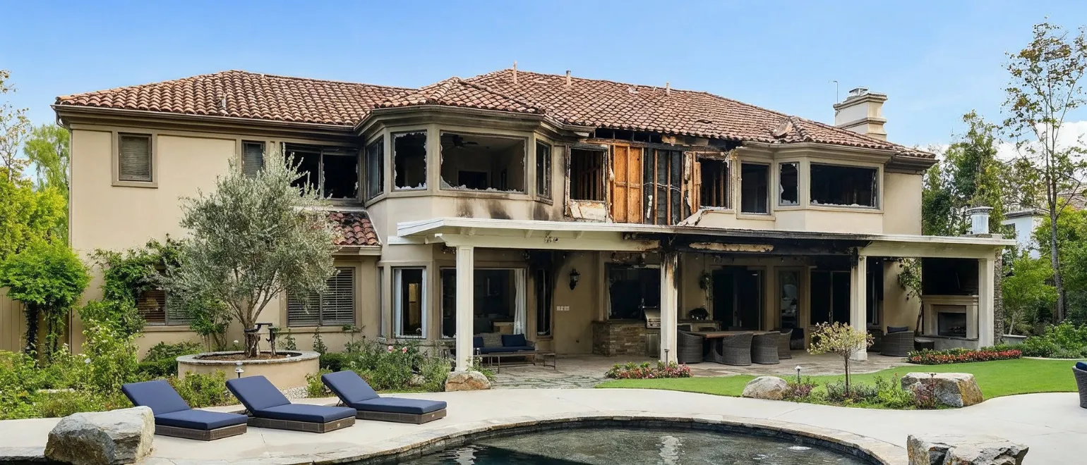 Before fire damage restoration project in Los Angeles showing burned home exterior, smoke damage, damaged windows, exposed framing, and residential rebuild preparation after fire