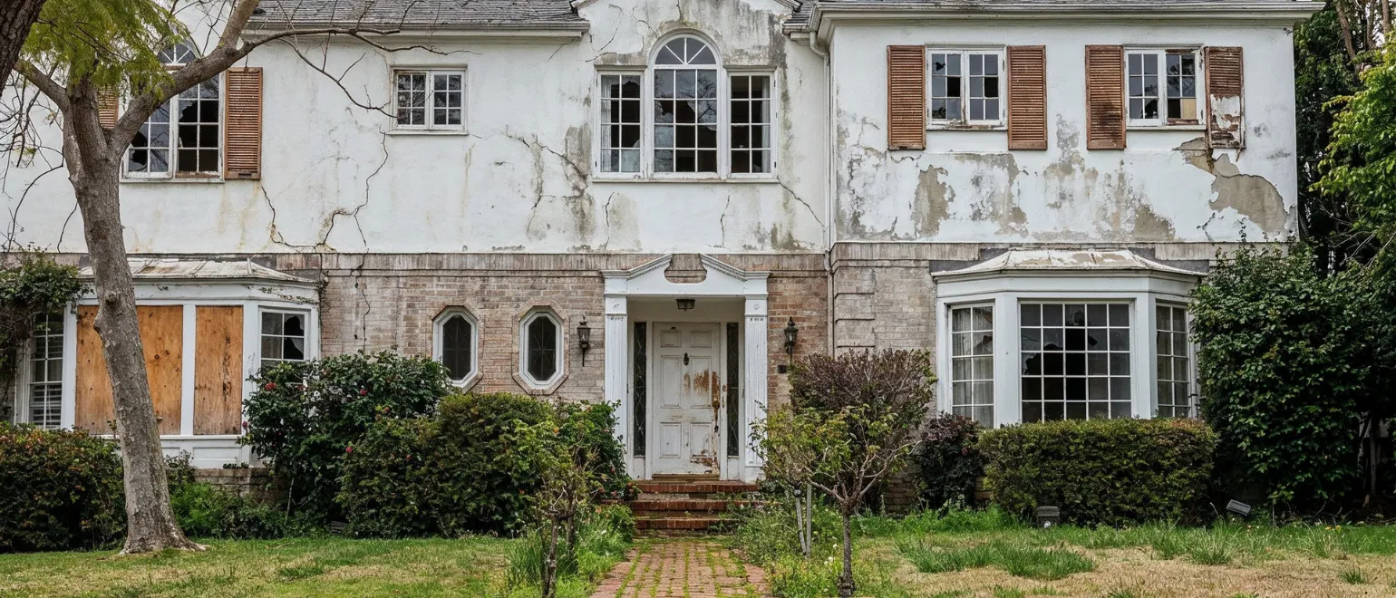 Before full home remodeling project in Los Angeles showing aging residential exterior, worn facade, overgrown landscaping, and outdated curb appeal before renovation